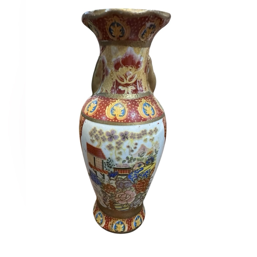 Vintage Satsuma Style Vase Made‎ in China Hand Painted Floral Village 6”
